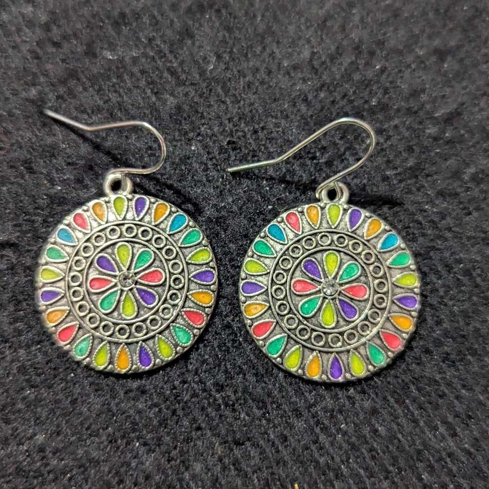 Silver Tone Colorful Rainbow Mandala Drop Dangle Statement Earrings
